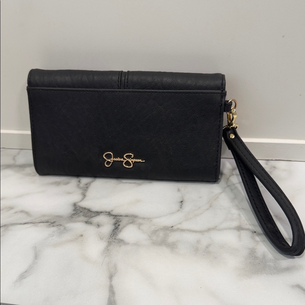 Jessica Simpson Black Faux Leather Wristlet Clutch with Gold Logo - Picture 1 of 4